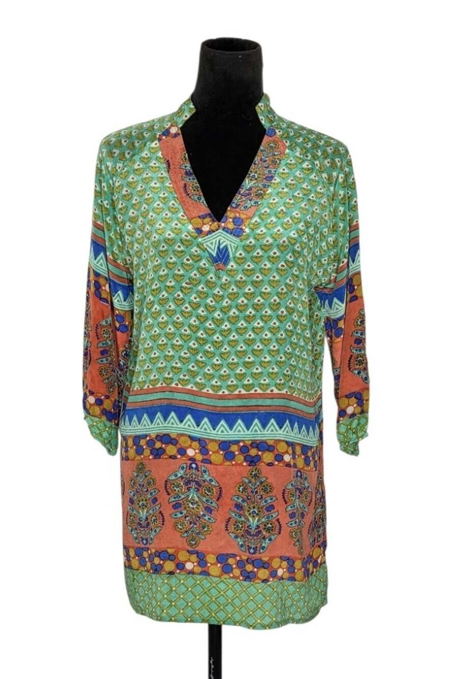 Tolani Silk Tunic Top M Multicolor Print V Neck 3/4 Sleeve Boho Resortwear